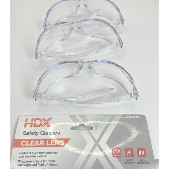 HDX Safety Glasses (3) Clear Impact & Scratch Resistant 99.9% UV Protection 71e - Picture 1 of 3